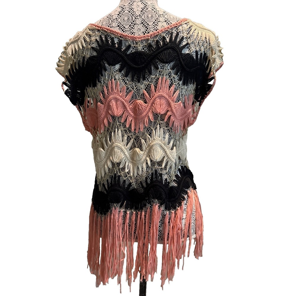 Festival woman's Crochet Open Knit Fringe Sweater Top Swim Cover up S / M - Picture 3 of 7